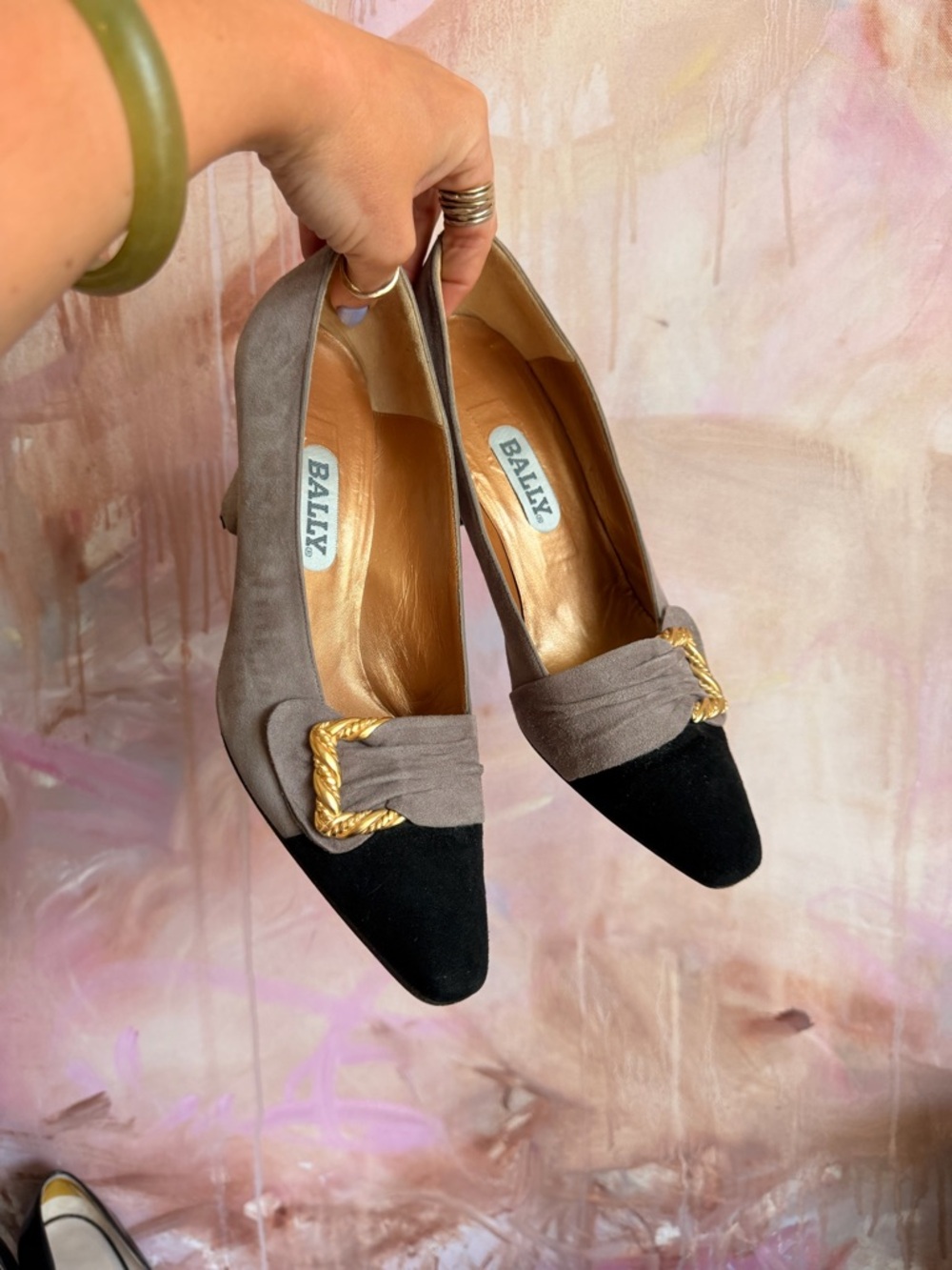 Vintage Bally Two-Tone Suede Pumps in Taupe and Black with Gold Buckle